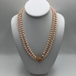 Signed Vendome Pink Faux Pearl Double Strand Necklace Floral Clasp Vintage